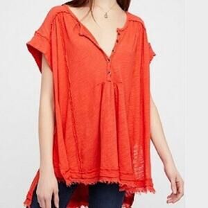 FREE PEOPLE | Aster High-Low Henley Orange Raw Edge Button Oversized | Small